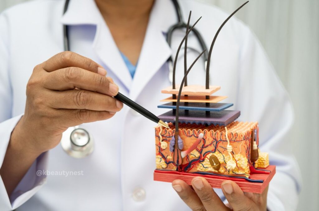 Educational infographic diagram showing PM2.5 particles landing on facial skin and entering through pores and follicles under a dermatologist-style cross-section, labeled clearly, soft colors, PM2.5 skin damage illustration