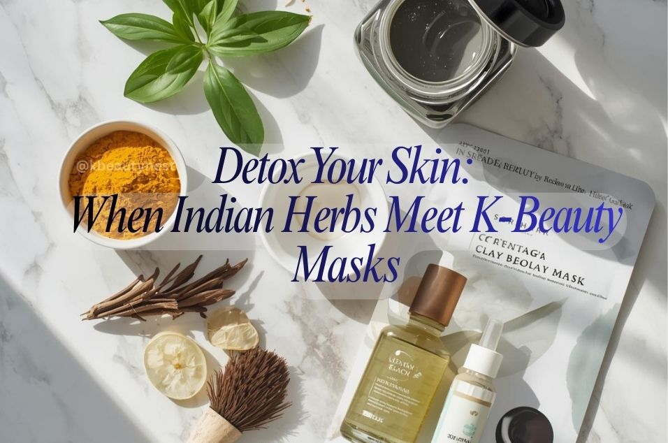 Flat lay showing ingredients for a pollution detox for skin routine, blending Indian herbs and Korean cosmetic products.